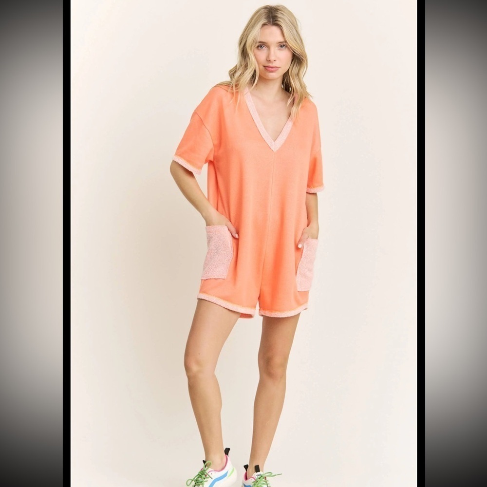 J Her Warm Colored Cozy Loop Terry Romper, Orange - Picture 2 of 7